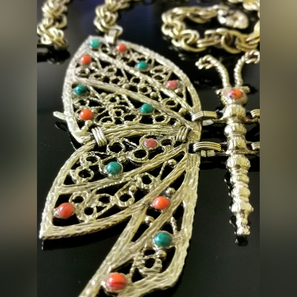 Rare JULIANA DELIZZA & ELSTER DEC Giant Butterfly Pendant Necklace Glass - Picture 4 of 11